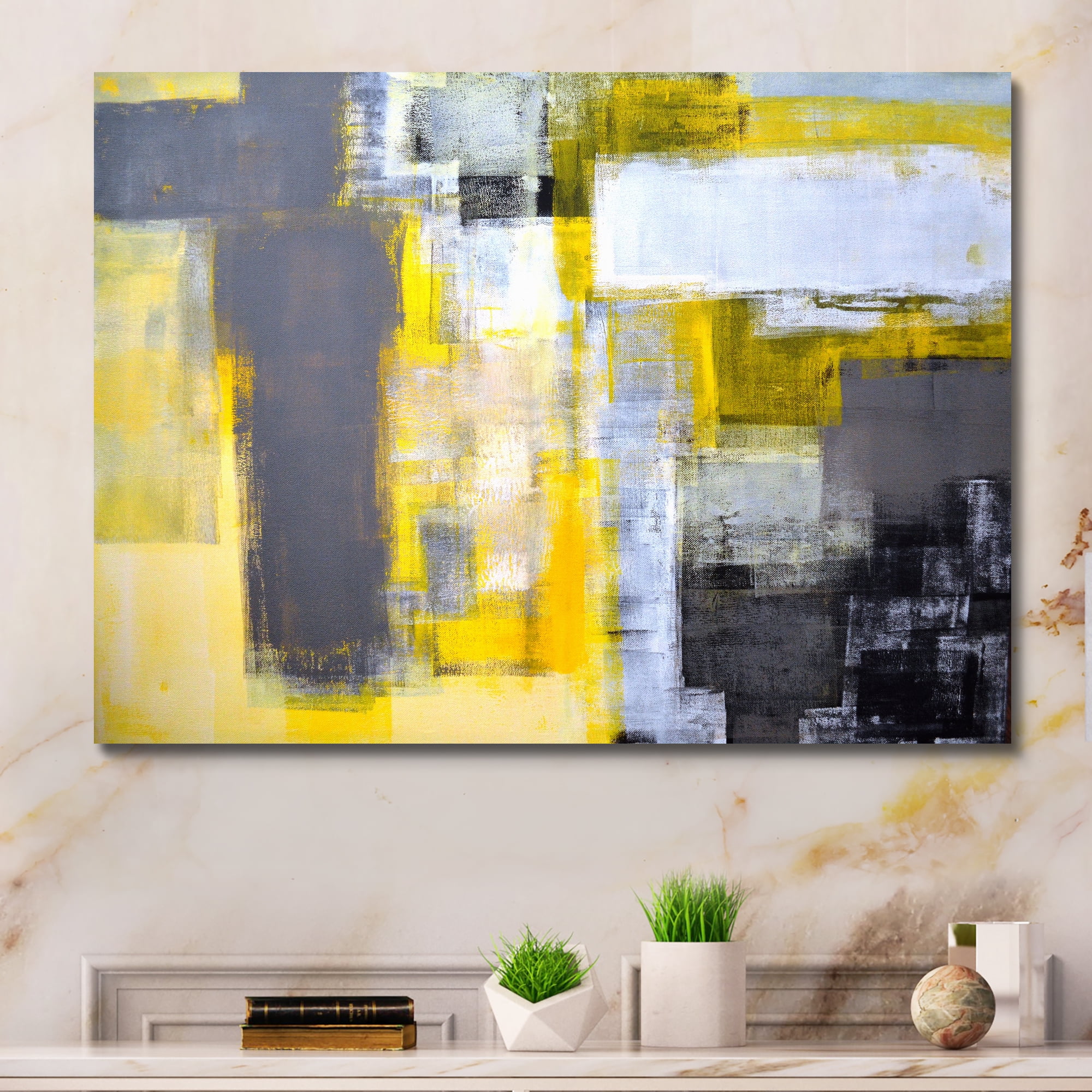 Designart 'Grey and Yellow Blur Abstract ' Abstract Canvas Art Print