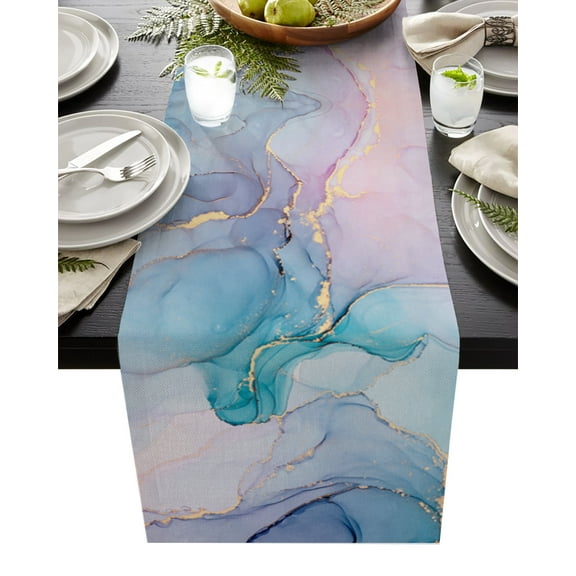 Table Runner Dresser Scarves 90 Inch Long, Abstract Turquoise and Pink Marble Linen Dining Table Runners Wild Symbol Stone Art Tabletop Scarf for Wedding Holiday Party Kitchen