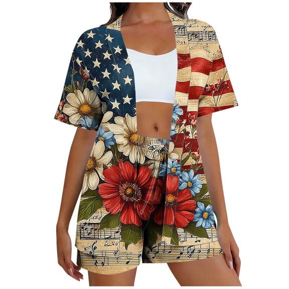 Guluxicc 2 Piece Outfit Sets for Women 4th of July Short Sleeve Cardigan Matching Shorts with Pockets Casual Beach Sets for Summer Holiday