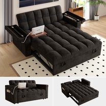 FFH 65" 3-in-1 Convertible Futon Sofa Bed, Velvet Sleeper Sofa with Pull Out Bed, 5-Level Adjustable Backrest, USB Ports, Table Board and Storage, Black