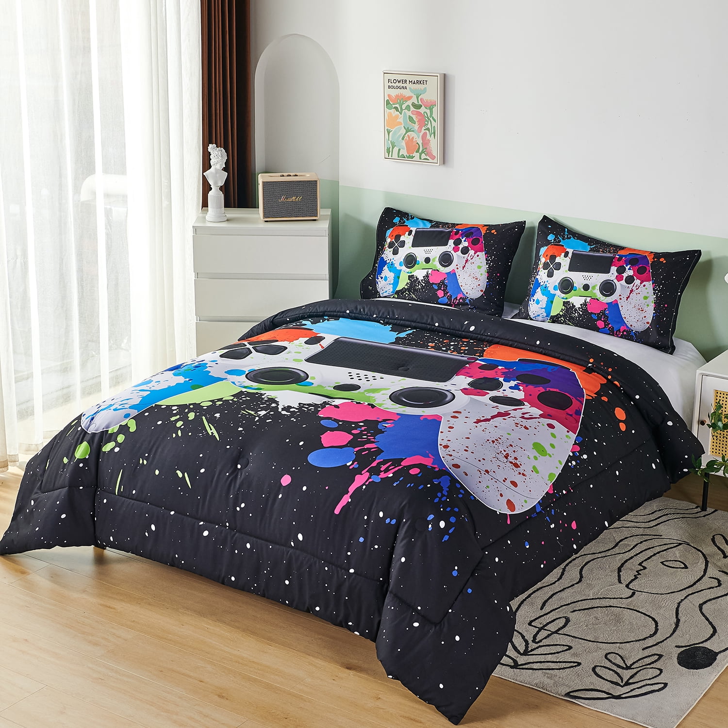 PERFEMET Full Size Boys Comforter Set 3Pcs Gaming Bedding Set for Men Kids Teens Colorful Game Console Button Print Quilt Set-for All Seasons (Colorful, Full)