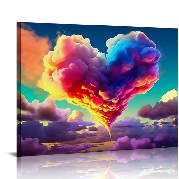 Modern Colorful Canvas Prints Colored Wall Art Picture of Rainbow Heart Cloud for Living Room Office Wall Decoration Framed Ready to Hang