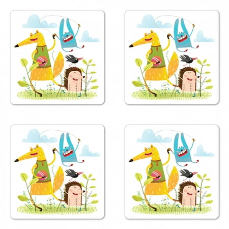 Animal Coaster Set of 4, Fox Hedgehog Crow and Dog Skipping Rope in the Garden Best Friends Children Cartoon, Square Hardboard Gloss Coasters, Standard Size, Multicolor, by