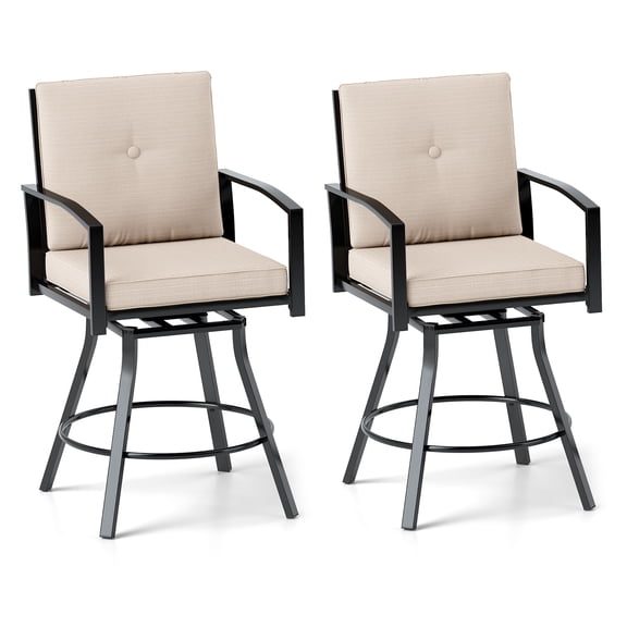 Costway Outdoor Swivel Bar Stools Set of 2, Bar Height Patio Chairs with High Backrest Black Beige