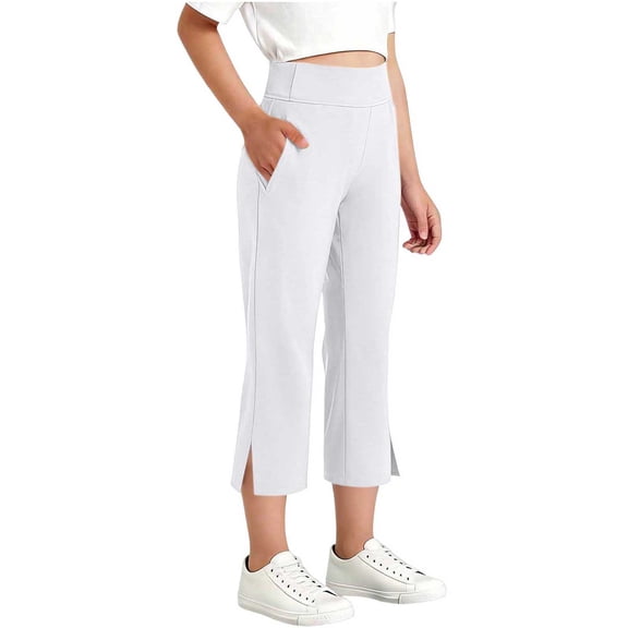 Miluxas Girls Capri Yoga Pants with Pockets Capris Leggings Dressy Casual Stretch Crop Lounge Straight Open Bottom Summer White 14-15 Years