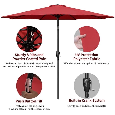 Simple Deluxe 9ft Outdoor Market Table Patio Umbrella with Button Tilt and 8 Sturdy Ribs, Red