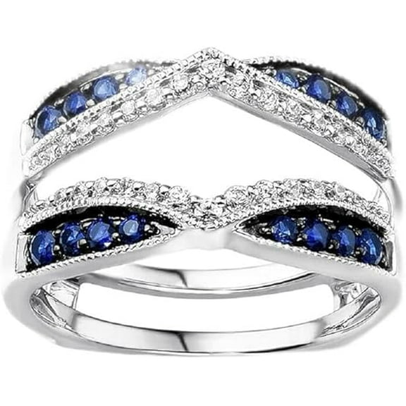 Divine Creation 925 Sterling Silver 1.95 Ct Round Cut Blue Sapphire Engagement Thanksgiving Christmas Enhancer Wrap Guard Ring 14K White Gold Plated For Women's -4.5