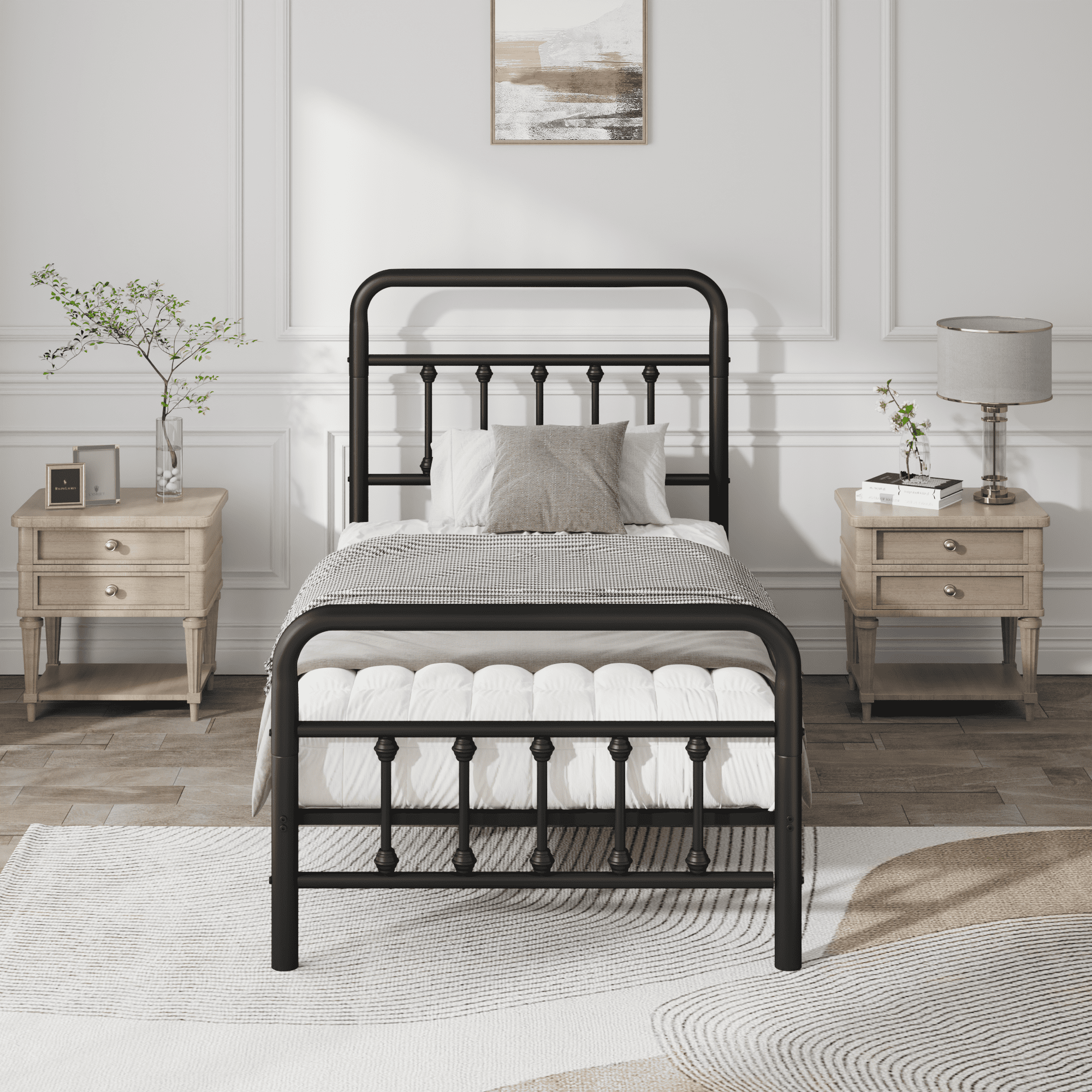 Twin Size Metal Bed Frame with Headboard, Sturdy Steel Platform Bed Frame with Ample Under Bed Storage Space, Easy Assembly Bed Frame, No Box Spring Required, Black Finish