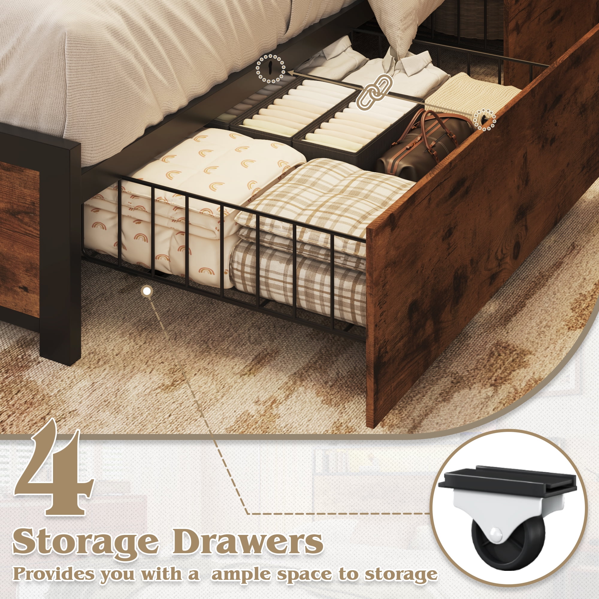 Fluest King Bed Frame with 2-Tier Storage Headboard, USB Port and LED Light, 4 Storage Drawers, Brown