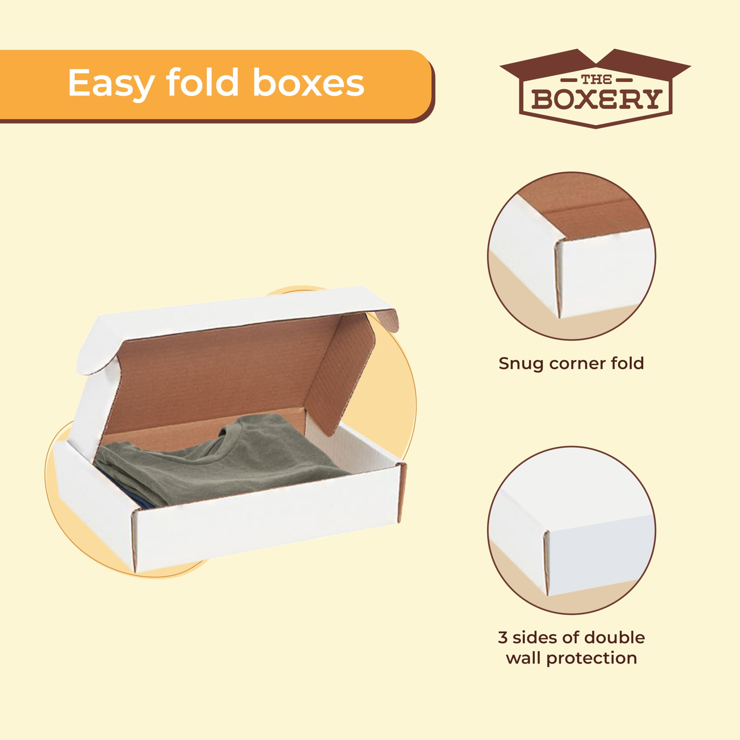 The Boxery 6 1/2 x 5 x 3 Inch-50-Pack, White Corrugated Shipping Box Mailers, Sturdy Shipping Boxes, Professional Packaging for Small Business Mailing, Gift Packing, Ship Flat