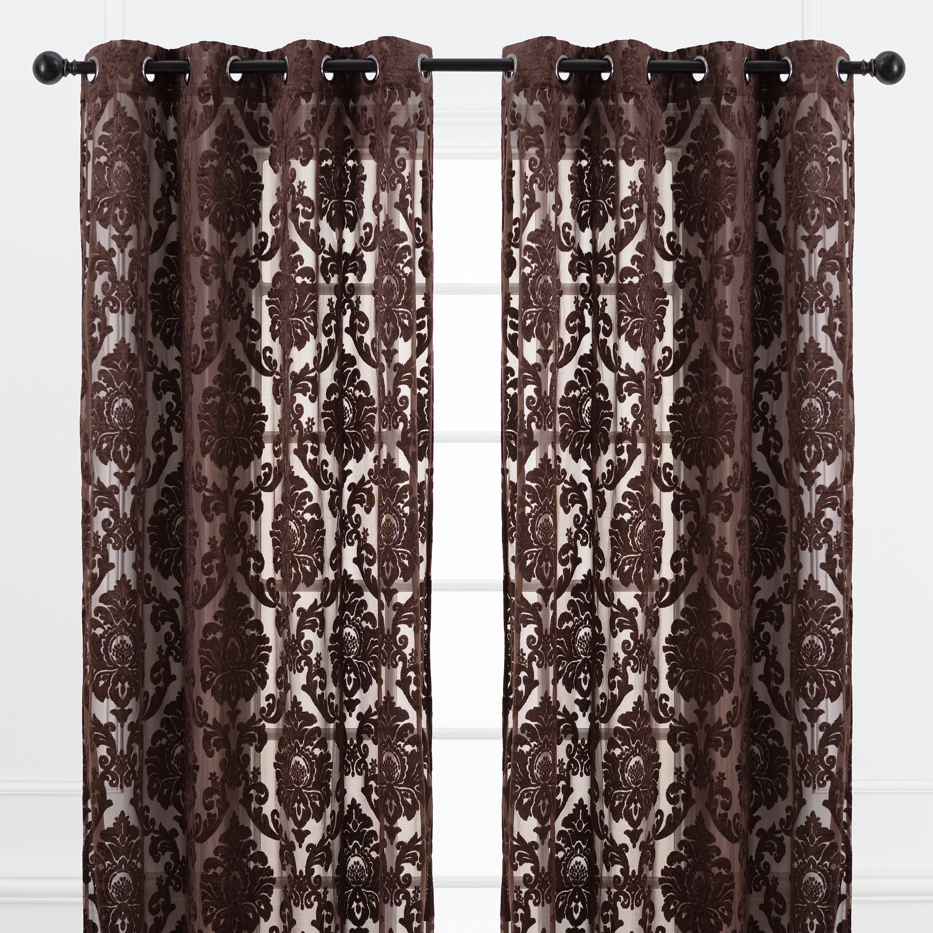 Mocha Velvet Sheer Grommet Window Curtain Panels, 52 x 108 Inches