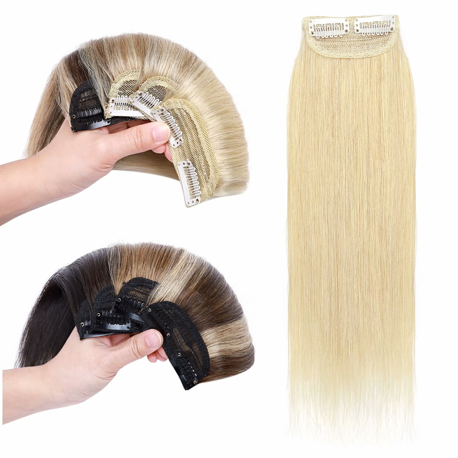 Benehair Clip in 100% Remy Human Hair Extensions Hair Pad Seamless Hairpiece Topper Thickened Soft Thin Hair Blonde 3 Pieces