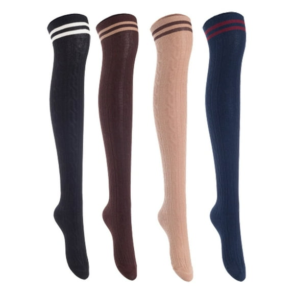 Lian Lifestyle Women's 4 Pairs Incredible Durable Super Soft Unique Over Knee High Thigh High Cotton Socks, Size US 6-9, JMYP1023 Black, Coffee, Khaki, Navy