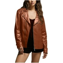 MaFYtyTPR Women's Leather Outwear Jackets Winter Long-sleeved Leather Motorcycle Jacket Zipper Long Sleeve Hoodless Coats Khaki XXXL