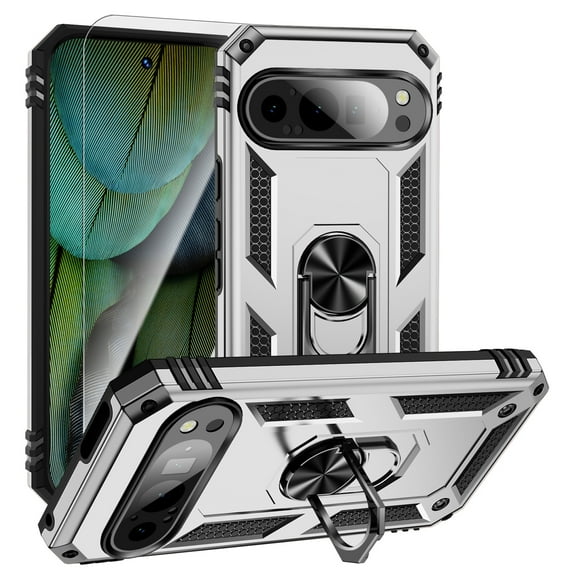 Decase Compatible with Google Pixel 9 / 9 Pro Case 1-Pack Tempered Screen Protector, Military Grade Drop Protection Cover with 360° Rotating Kickstand, Heavy Duty Shockproof Phone Case,Silver