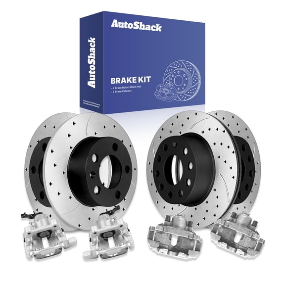 AutoShack Front Vented & Rear Solid Drilled & Slotted E-Coated Brake Rotors   Calipers 8-PC Brake Kit Replacement for 2006-2009 Volkswagen Jetta ShadowGuard