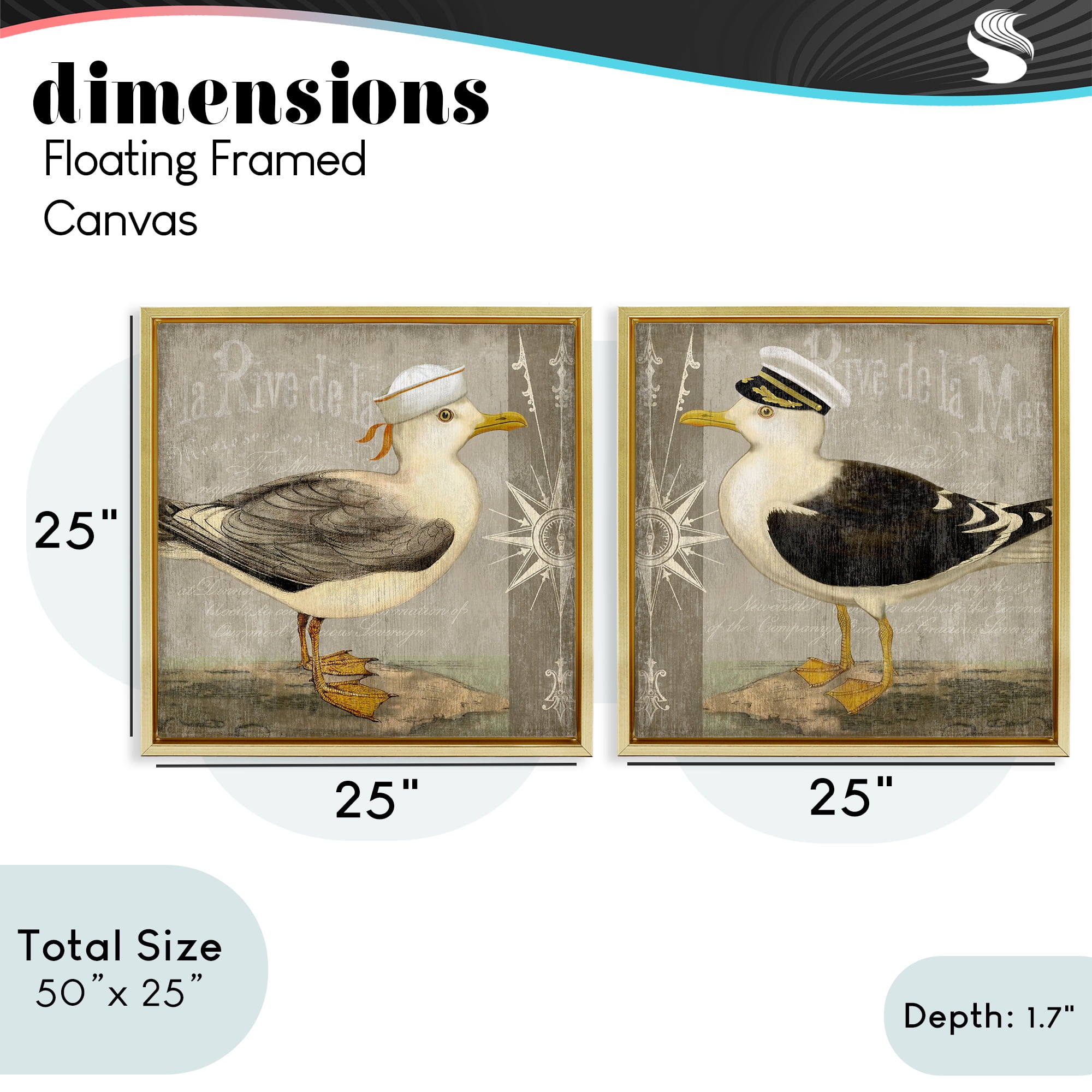 Stupell Industries Little Seagulls with Hats 2 Piece Gold Framed Floater Canvas Set, design by Suzanne Nicoll