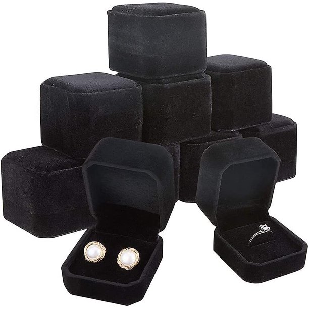 Paquete de 10 cajas de anillo de terciopelo caja de pendientes caja de colgante de joyería de terciopelo negro para propuesta de ceremonia de boda, recuerdo del Día de San Valentín