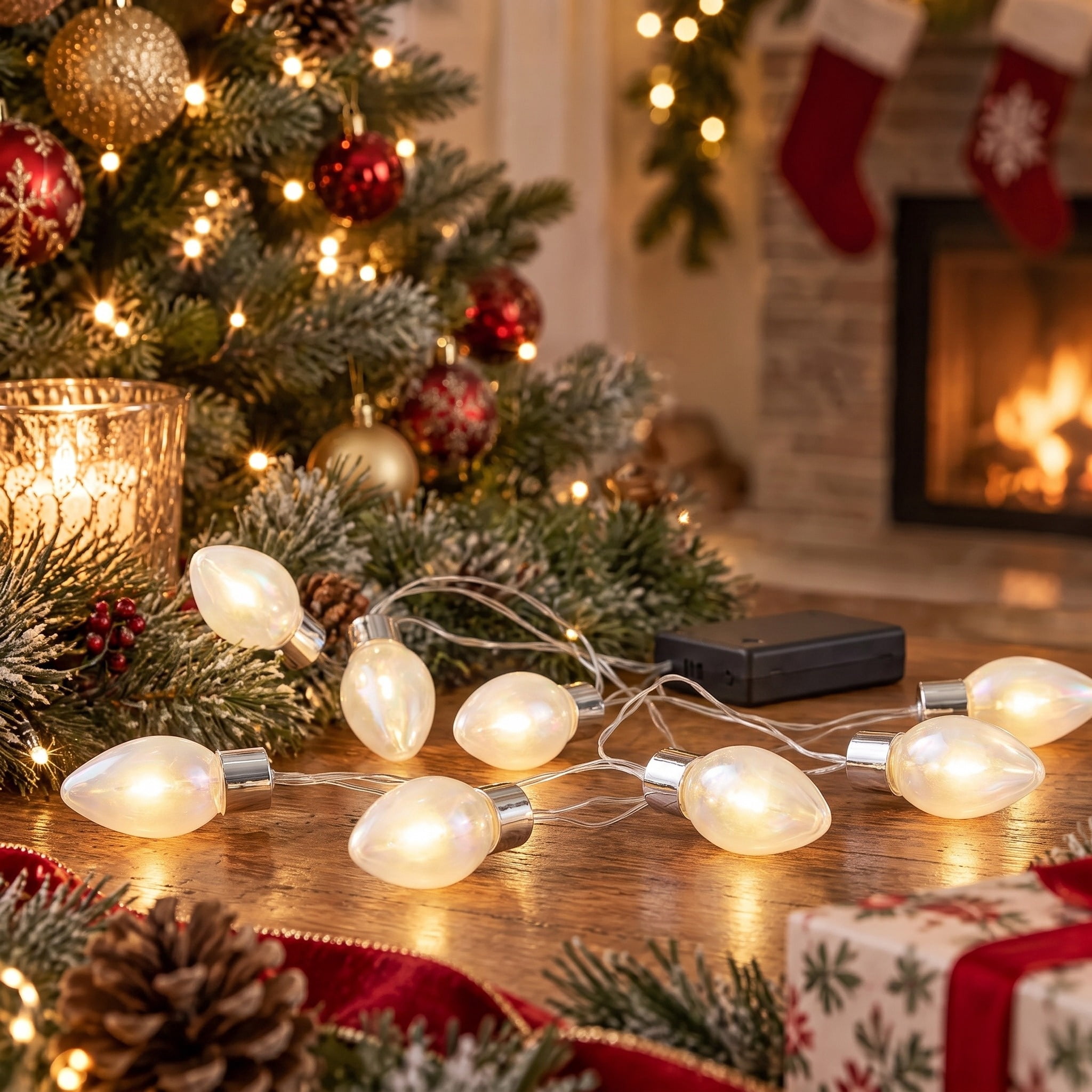 Indoor 12-Count Battery-Operated LED C7 Christmas String Lights, Warm White, Silver Wire, 5.5', by Holiday Time