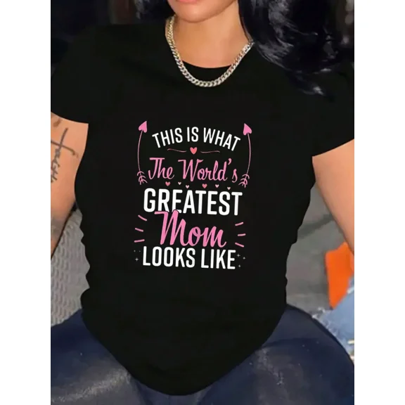 This Is What The World's Greatest Mom Looks Like Women's Retro Graphic T-Shirt Funny Mother's Day Present Pink Heart Black Tee