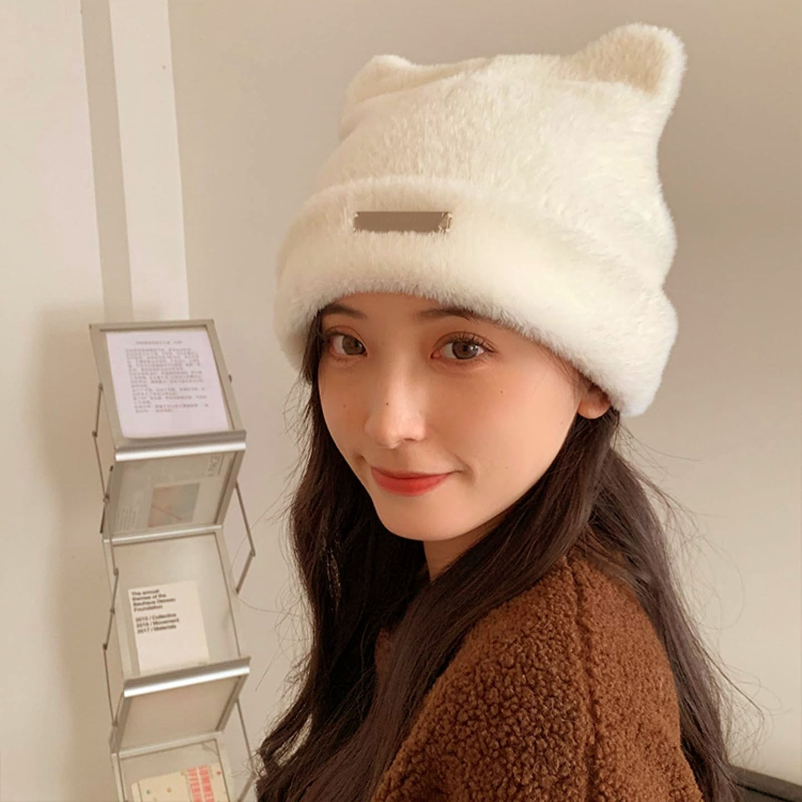 Womens Light Khaki Winter Beanie Hat Cute Cat/Bear Ear Hat with Internal Support Cute Cat Ears Knit Hat with Ear Flap for Women with Sherpa  main image 2