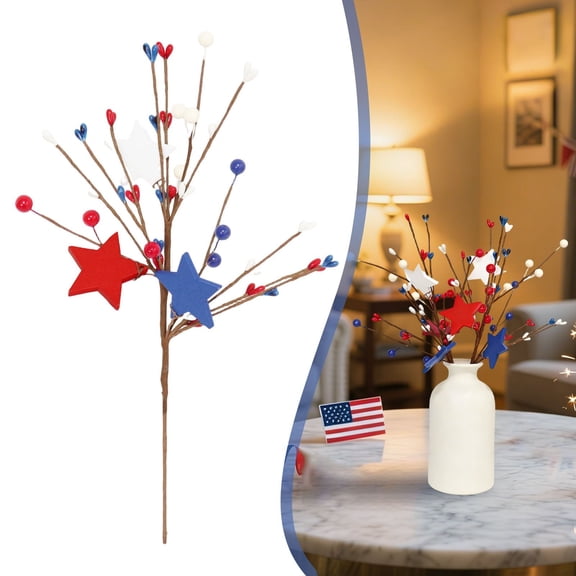 Patriotic Artificial Berry Stem Picks, 4th of July Decorations White Blue Red Stars Picks for Independence Day,Pentagram Faux Berry Branches Decoration for Home Office Restaurant Vase Decor,1Pack