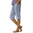 thumbnail image 2 of HKYNLAG Petite Capris for Women Knee Length Pull On Cotton Linen Capri Pants Striped Dressy Casual Straight Leg Elastic Waist Cropped Pants with Pockets Royal Blue XL, 2 of 4