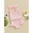 thumbnail image 4 of Suealasg Baby Girls Shorts Outfits Infant Girls Sleeveless Ribbed Tank Vest and Elastic Waist Skirt Ruffle Shorts +Headband 3Pcs Summer Clothes Set, 4 of 9
