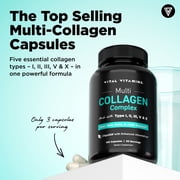 Vital Vitamins Multi Collagen Complex Capsules - Type I, II, III, V, X - Hair, Skin, Nails - 150 Ct