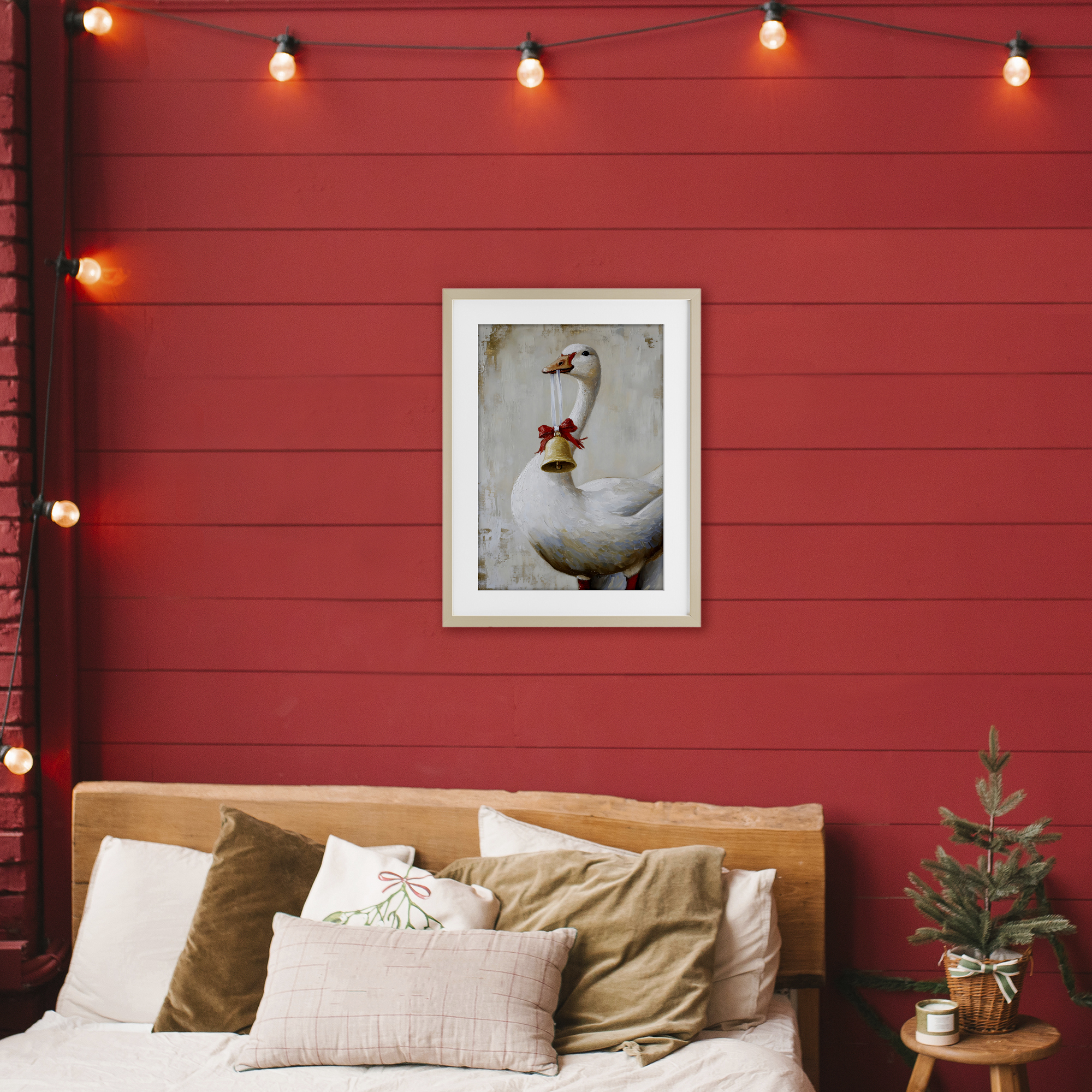Festive Jingle Goose Birch Framed Print Under Glass, design by Petal Prints Design