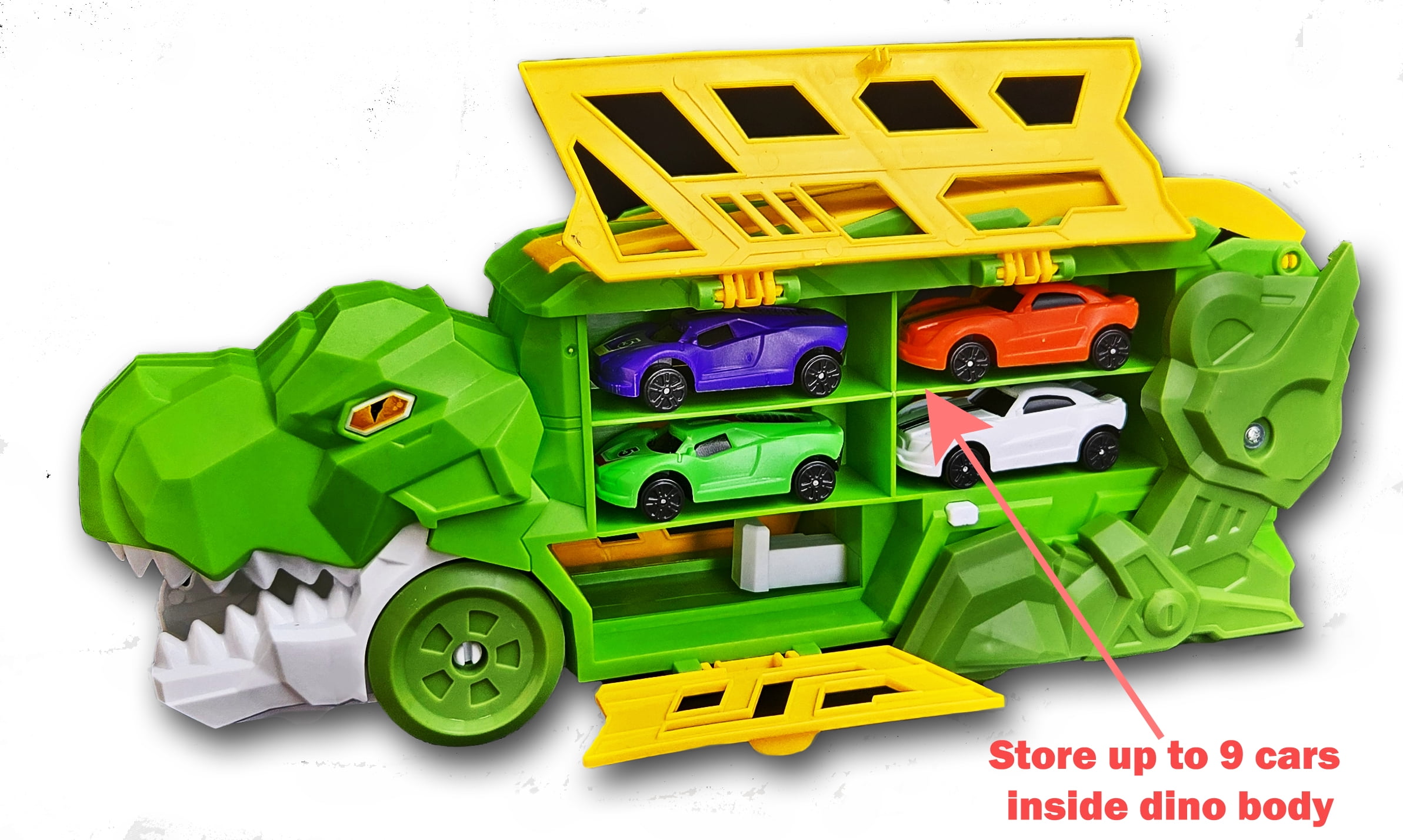 Dinosaur Transporter Truck Toy Combo – Set of 2 (Blue & Green) with 8 Die-Cast Cars – Dino Launcher & Slide-Out Track – Race Playset for Kids Ages 3+