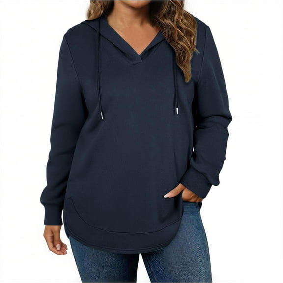 Womens Drawstring Hooded Sweatshirts, Long Sleeve Pullover for Women Fashion Loose Fit Solid Color V Neck Hoodies with Pockets Fall Clothes