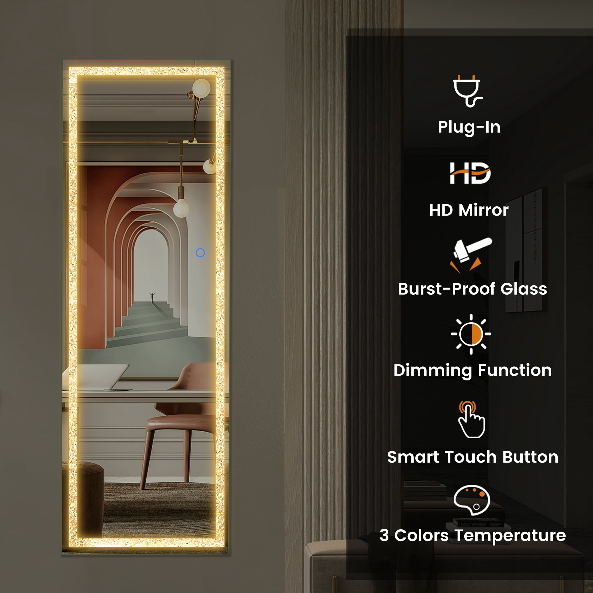 47"x16" Mordern Rectangle Hanging LED Mirror Door Mirror Vanity Mirror with Diamond,Silver