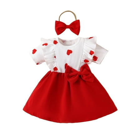 

XIEULQP Baby Girl Clothes Baby Girls Valentine s Day Dress Clothes Heart Print Rib Knit Short Sleeve Dress Princess Dress with Headband Summer Dress White