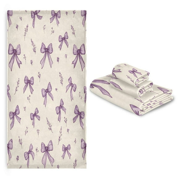 3 Sizes of Towel Sets Including Bath Towel Hand Towel and Washcloth for Daily Use Pastel Lavender Bows