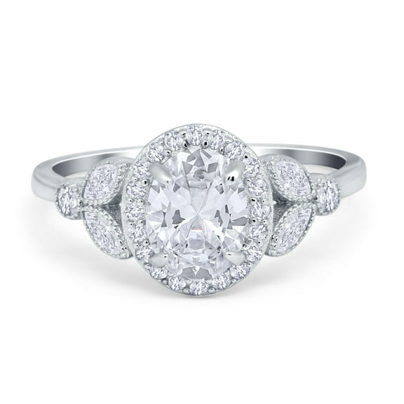 Oval Art Deco Engagement Ring Round Simulated Cubic Zirconia 925 Sterling Silver Size 5