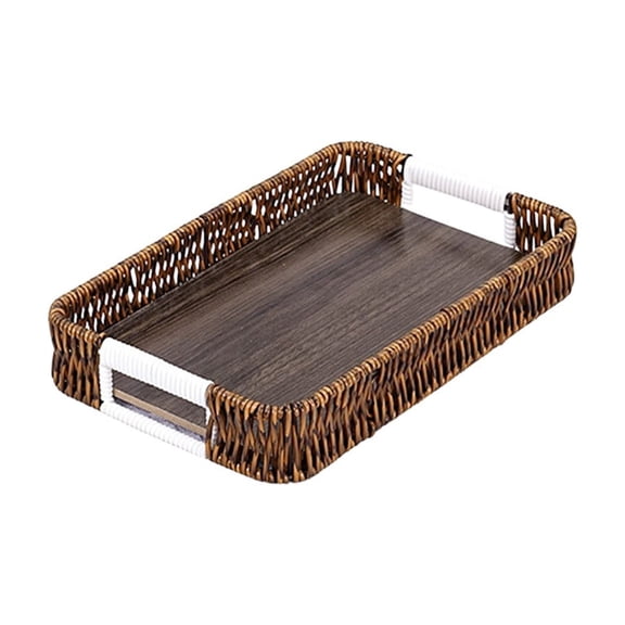 LEHOZIHEQ Rectangle Wicker Tray, Rattan Serving Trays with Handles, Decorative Woven Wicker Organizer Baskets Storage Tray for Coffee Table, Bread, Fruit