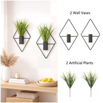 Cute Set of 2 Small Wall Hanging Planters, 10x5 Inch Mini Geometric Wall Vase with Artificial Plants, Compact Boho Farmhouse Decor for Bathroom, Living Room, Bedroom, Office (Black)