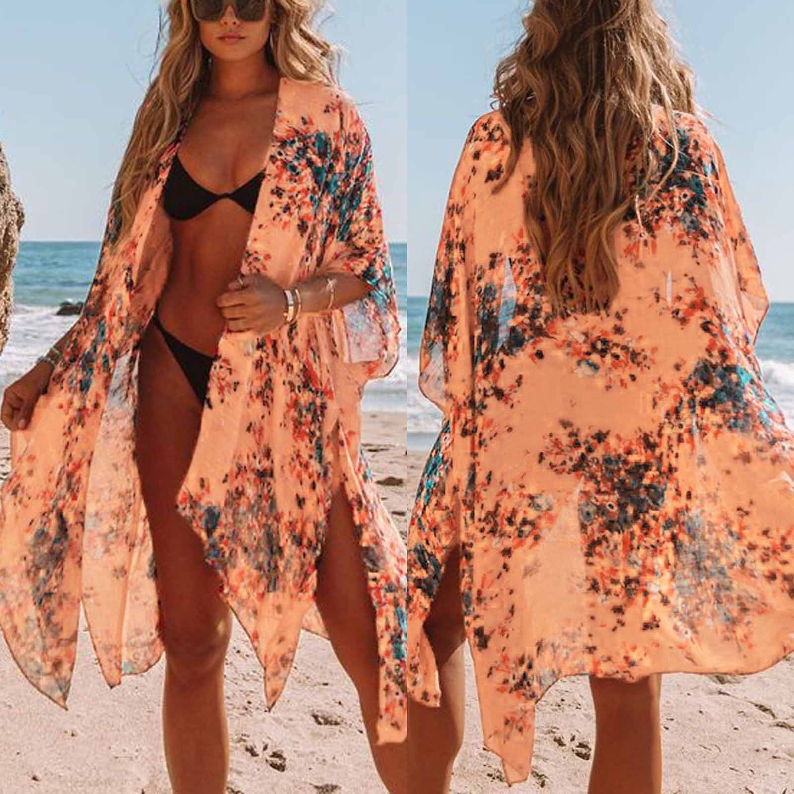 Women Print Chiffon Beach Kimono Cardigan Blouse Shawl Loose Top Outwear Casual Cardigan Coat Lightweight for Fall Winter