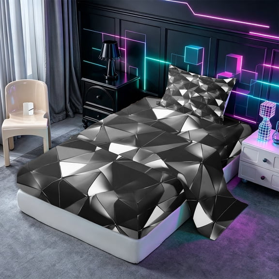 Castle Fairy Futuristic Cubes Triangle Facet Twin Sheets 3pcs,Abstract Polygon Bedding,Black Silver Gray,1 Flat Sheet, 1 Fitted Sheet and 1 Pillowcase