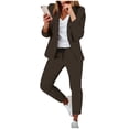 thumbnail image 2 of Riforla Womens Elegant Solid Color Suit Long Sleeve Cardigan Pockets Top Elastic Straight Leg Pants Suit Pants Sets Brown M, 2 of 6