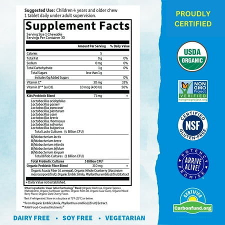 Garden of Life Dr. Formulated Probiotics for Kids, Organic Kids+ - Berry Cherry, 5 Billion CFU Chewable Probiotic Plus Vitamin C and D, Dairy Free Immune Digestive Health Supplement, 30 Chewables