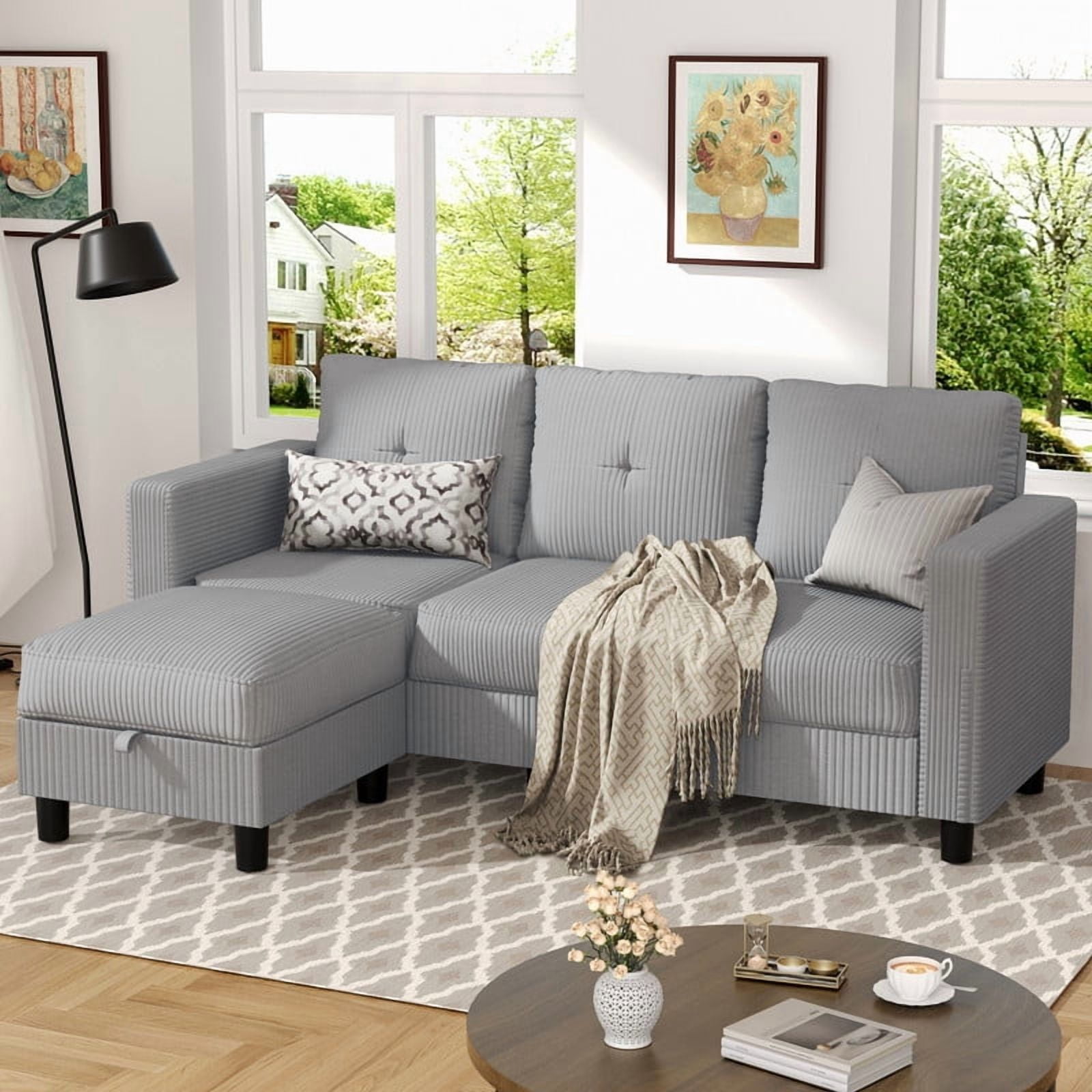 Walsunny Convertible Sectional Sofa Couch, Modern Linen Fabric L-Shaped Couch 3-Seat Sofa Sectional with Reversible Chaise for Small Living Room, Apartment and Small Space,Light Gray
