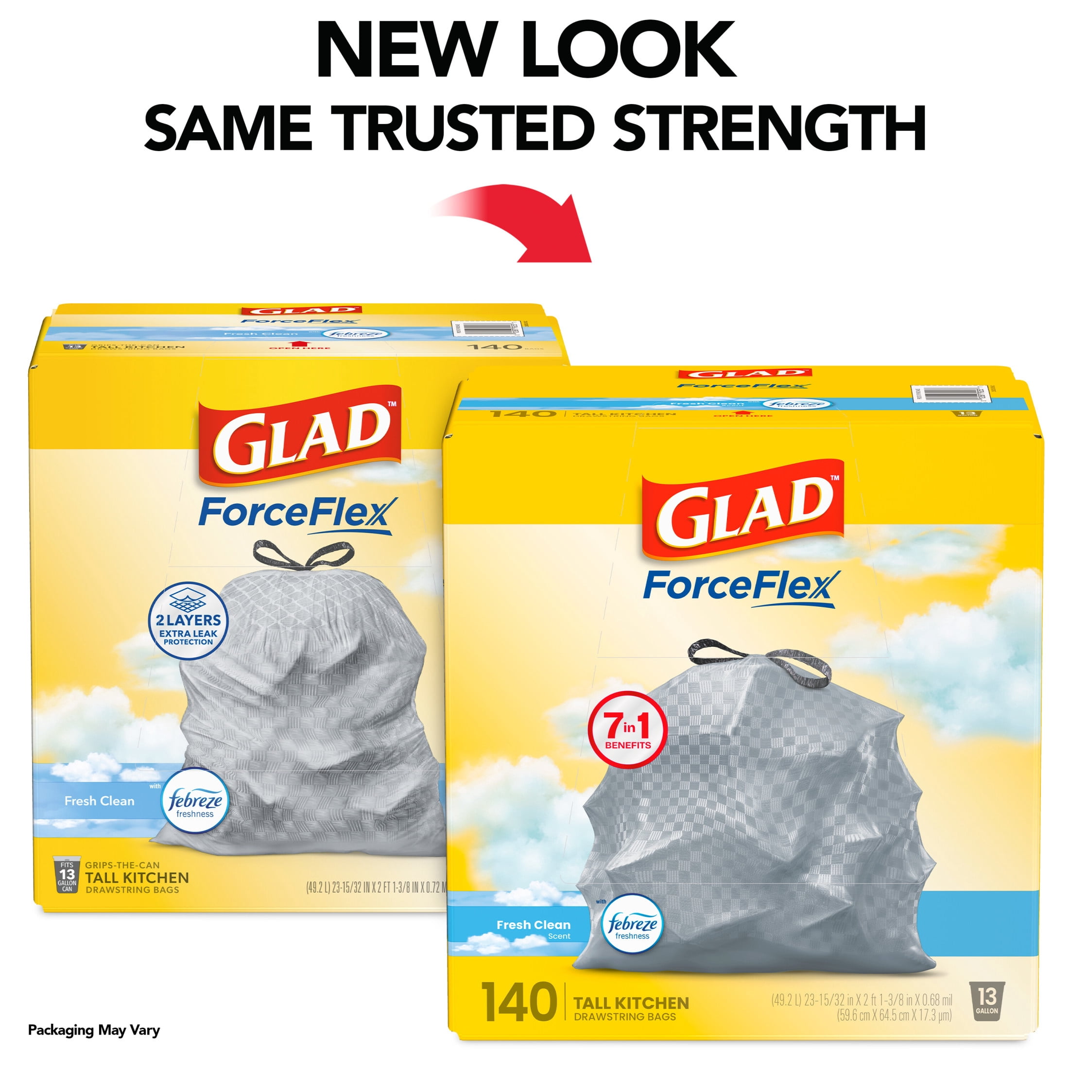 (2 pack) Glad ForceFlex 13-Gallon Drawstring Tall Kitchen Trash Bags, Febreze Fresh Clean Scent, 140 Bags