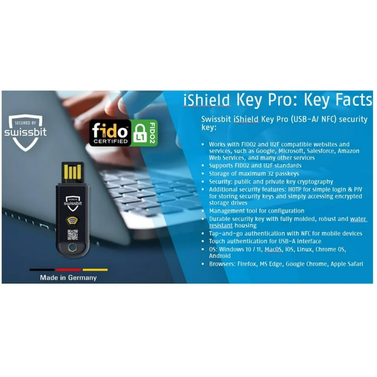 Swissbit IShield Key Pro Security Key - USB & NFC Hardware Authenticator FIDO2 Certified