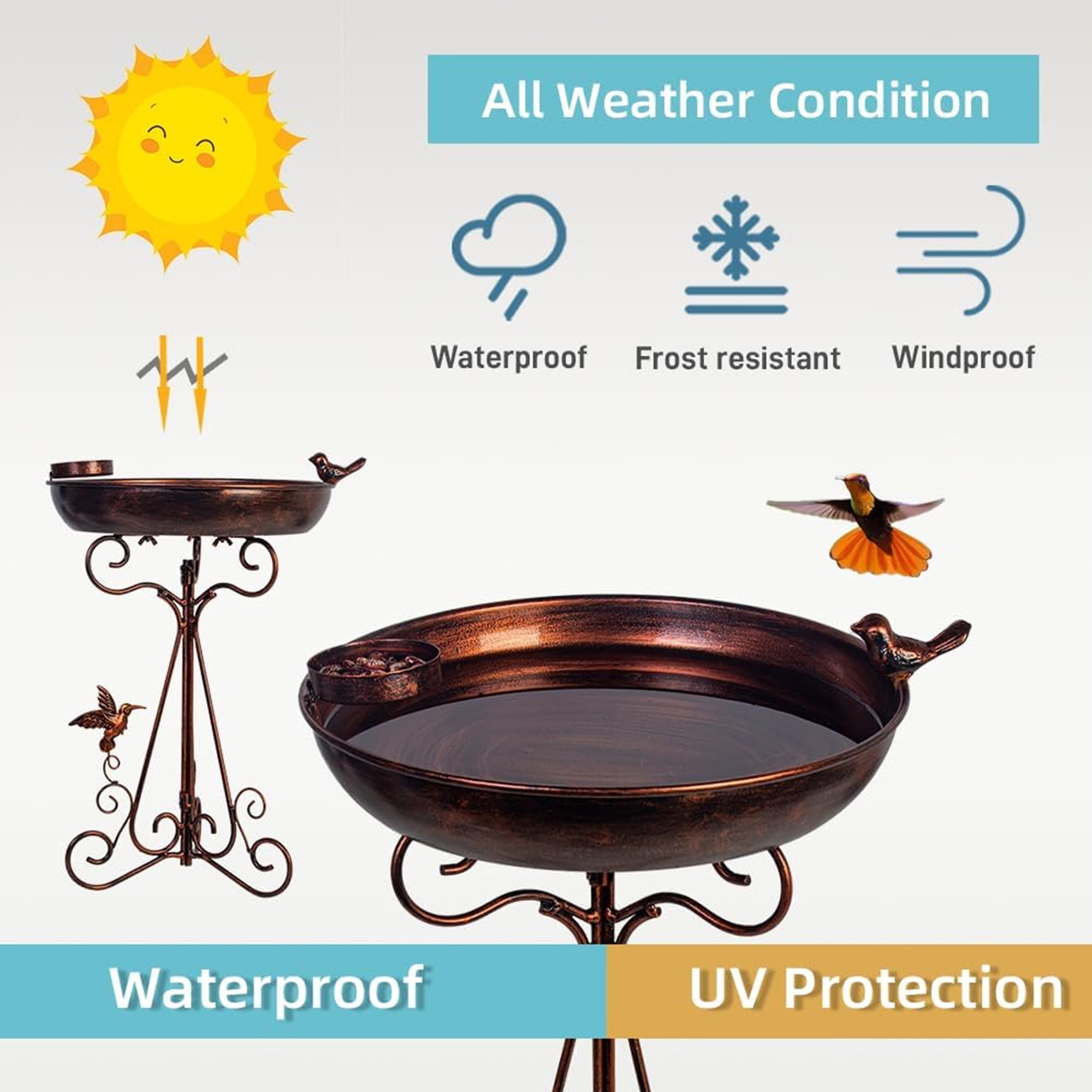 Bird Bath with Metal Pedestal, Dia Antique Copper Outdoor Birdbath with Bird Feeder for Garden Outside Patio Yard Decor