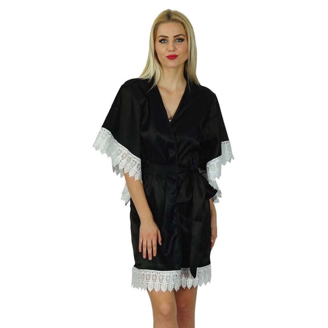 Bimba Women Kimono Sleeve Short Satin Robe Getting Ready Bride Bridesmaid Robe Lace Coverup