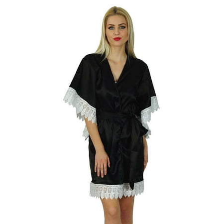 

Bimba Women Kimono Sleeve Short Satin Robe Bride Bridesmaid Robe Lace Coverup