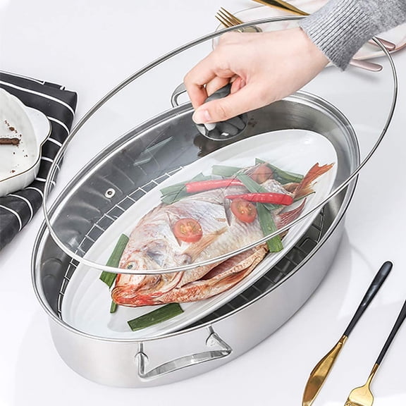 8Qt Stainless Steel Fish Steamer - Multi-Use Oval Cookware with Rack, Ceramic Pan, Chuck - Stockpot for Steaming Fish, Boiling Soup