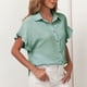 thumbnail image 3 of Camisas con botones para mujer, camisa básica informal con cuello en V y mangas de encaje, camisa básica de poliéster de Color puro para ir de compras, 3 of 6